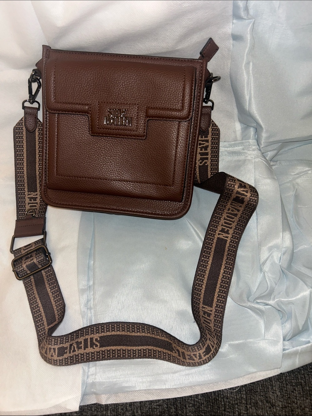 Steve Madden Brown Pebbled Leather Messenger with Branded Strap